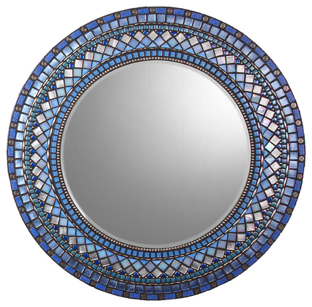Round Mosaic Mirror Blue & Silver (Handmade), 26.5" Mediterranean