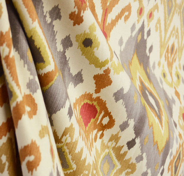 Alessandro Spice Grey Beige Cream Rust Ikat Damask Drapery Fabric By