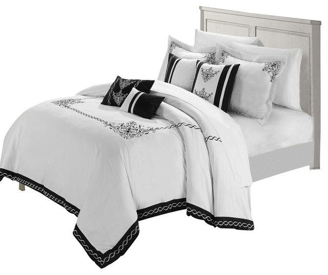 Athens White Black Queen 7Piece Embroidered Comforter Bed in a Bag Set