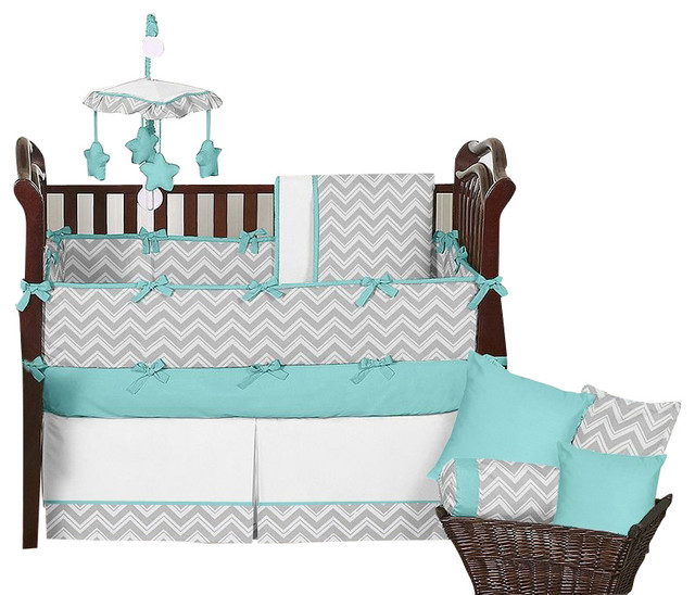 Zig Zag Turquoise and Gray 9Piece Baby Crib Bedding Set by Sweet Jojo