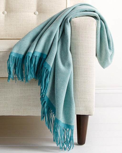 Wool Herringbone Throw Turquoise Blue Fringe Luxury Transitional