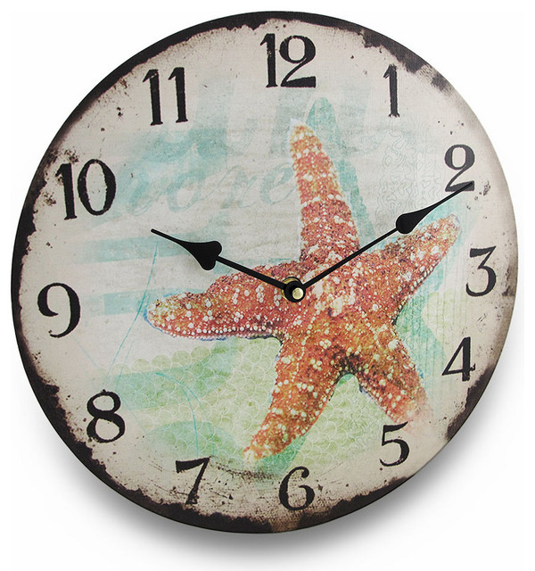 Weathered Look Starfish Round Nautical Wall Clock 13 in. Contemporary