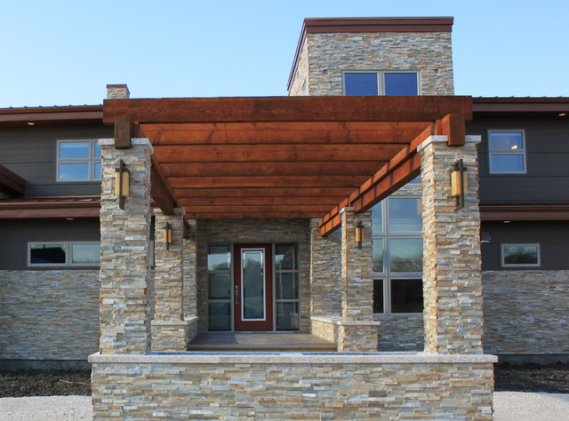 Modern Natural Wood and Stone Pergola Front Entryway ...