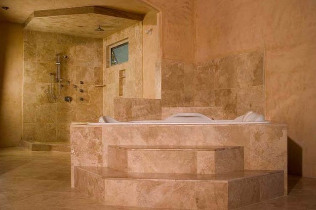 Travertine Marble Bath w/ Diana Real Slab Accents traditional bathroom