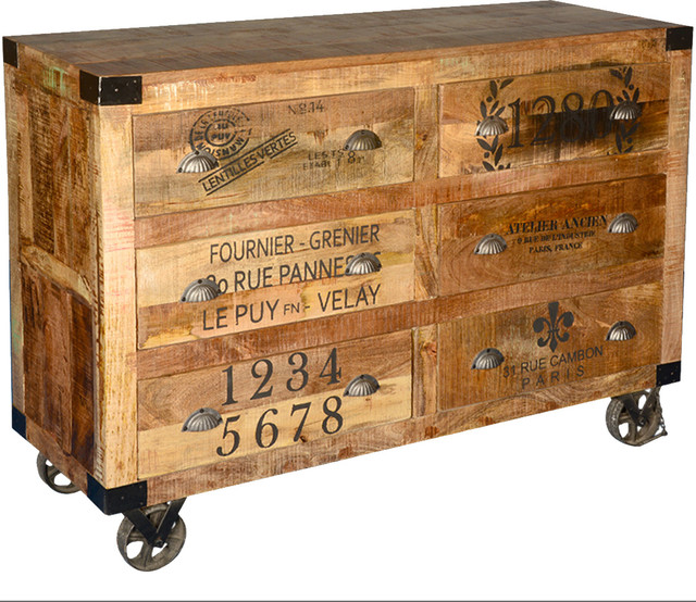 Industrial Hardwood 6 Storage Drawers Rolling Double Dresser with