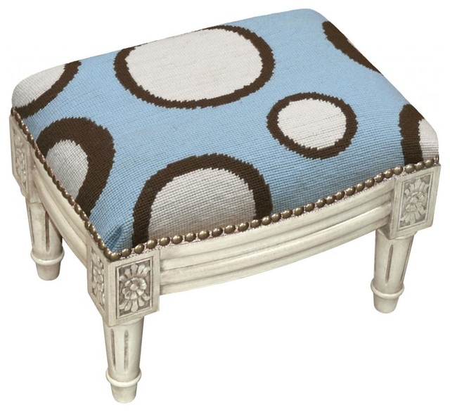 Circles Wool Needlepoint Wooden Footstool. Antique white wash