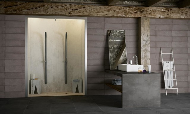 Active Stone Graphite, Groove 01, Groove 2 8"x24", and Graphite 24"x24" eclectic-bathroom