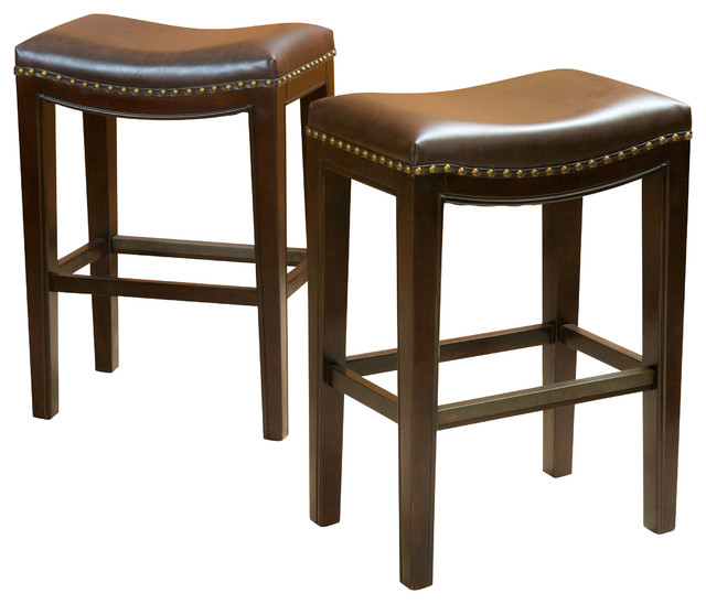 Jaeden Backless Stools Set Of 2 Brown Leather Counter Height Contemporary Bar Stools And 9101