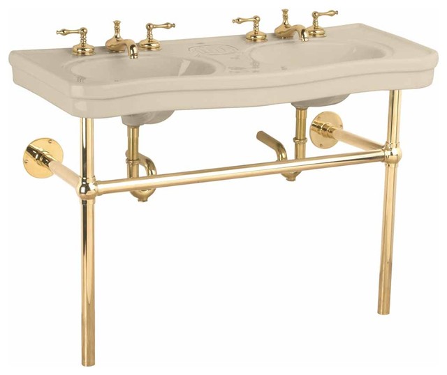 Bone China Double Console Sink, Bistro Brass Traditional Bathroom