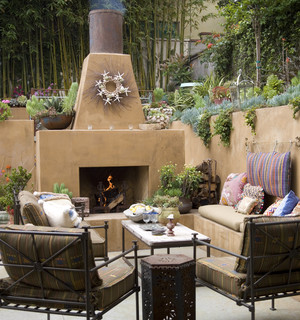 outdoor fireplace with furniture