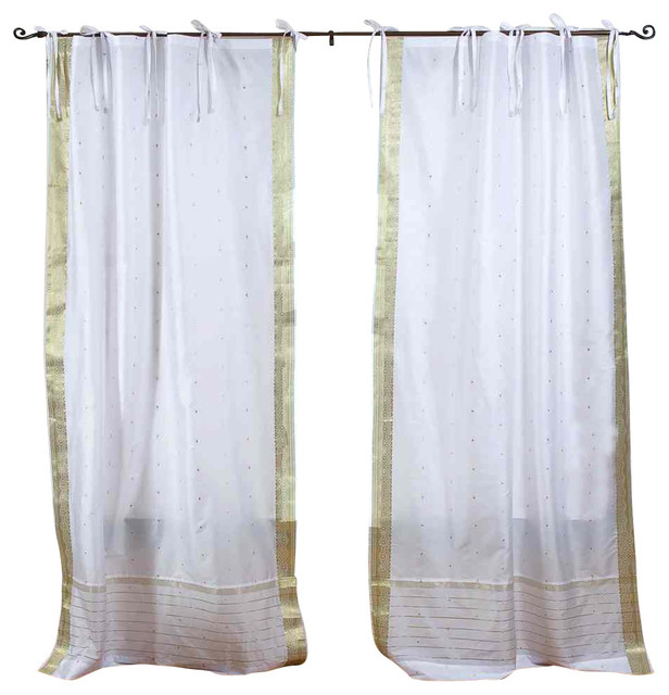 Pair of White with Gold Tie Top Sheer Sari Cafe Curtains, 43 X 36 In ...