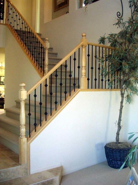 Wood Railing With Wrought Iron Balusters Traditional Staircase