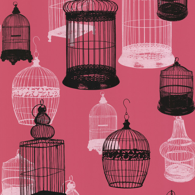 Avian Pink Bird Cages Wallpaper - Eclectic - Wallpaper - by Brewster