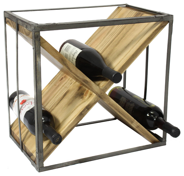 Urban Designs Square Natural Wood And Metal X Shape Wine Rack Wine