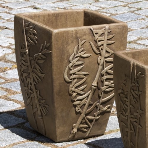 Campania International Large Bamboo Cast Stone Planter Aged Limestone Asian Outdoor Planters