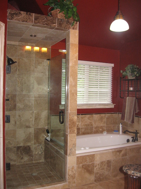 Walk in shower with frameless shower door, and travertine tile ...