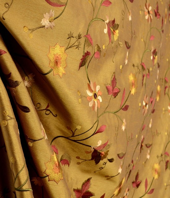 Garden Embroidery DK Gold Faux Silk Floral Drapery Fabric By The Yard