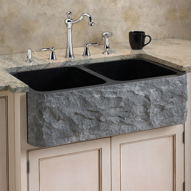 Polished Granite Double Bowl Farmhouse Sink Chiseled Front