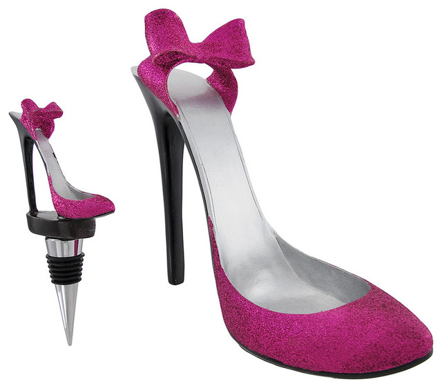 Hot Pink Glitter High Heel Stiletto Shoe Wine Bottle Holder/Stopper Set