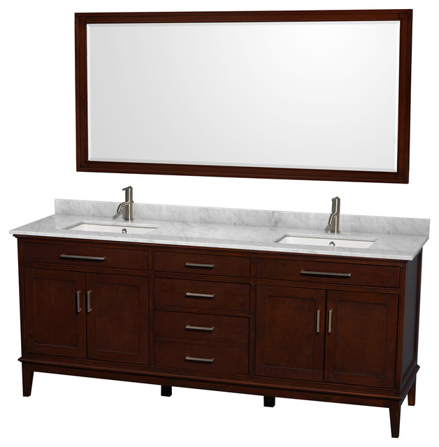 Hatton 80" Dark Chestnut Double Vanity w/ White Carrera Marble Top & Square Sink Modern