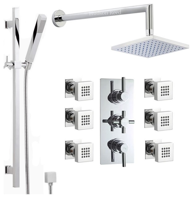 Chrome Thermostatic Shower System With Rain Head & Extended Arm Handset