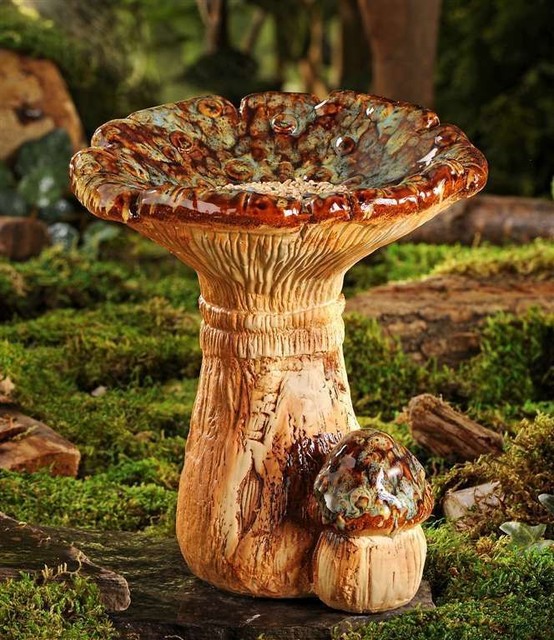 Ceramic Toadstool Mushroom Birdbath - Eclectic - Bird Baths - by Bonanza