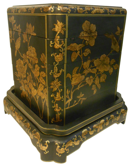Hand Painted Oriental Black Lacquer Stacking Box Asian Side Tables