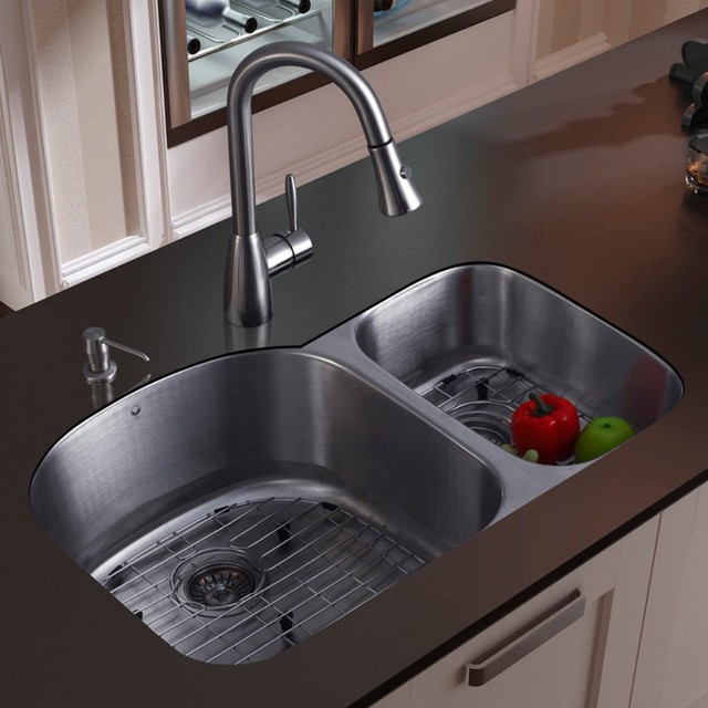 Vigo Platinum Double Offset Undermount Stainless Steel Kitchen Sink Set