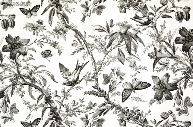 Black toile fabric bird butterfly passion flower - Eclectic - Fabric