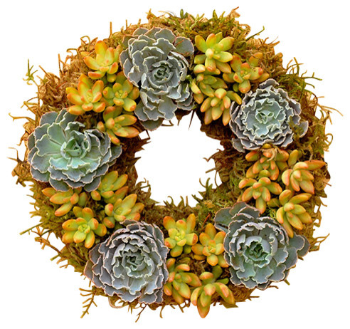 Succulent wreaths are popular additions to homes now This gorgeous spring wreath features ruffled leaves and exquisite rose blossoms