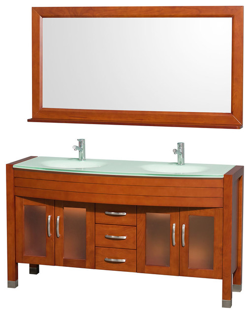 Daytona Double Vanity 60in. in Cherry w/ Green Glass Top & Green Sinks Modern Bathroom