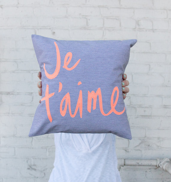 Je T aime Pillow, Grey and Neon Coral by Bright July - Contemporary - Decorative Pillows - by Etsy