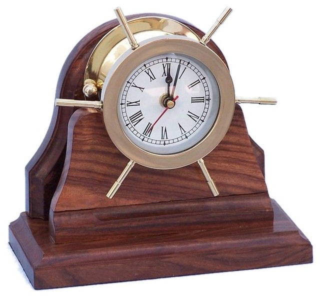 Brass Ship Wheel Clock on Wooden Base 8'' Ship Wheel Decoration