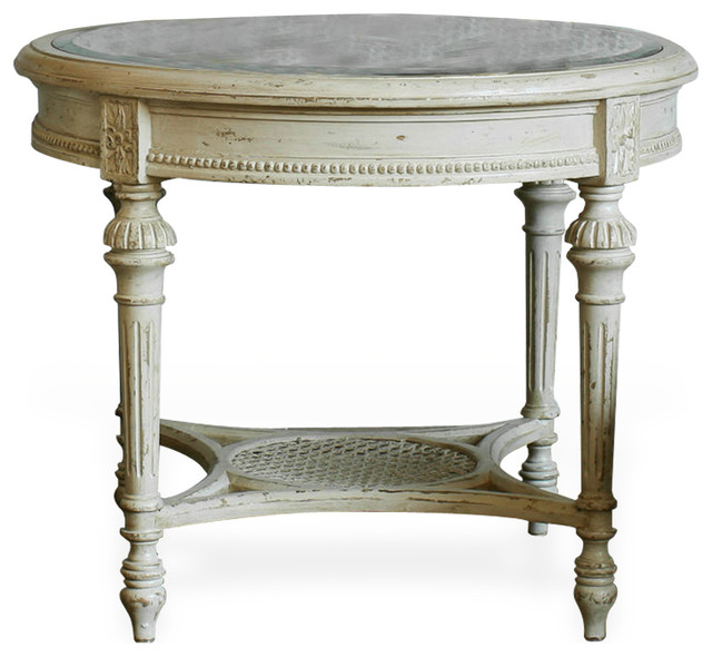 French Country Antique White Caned Top Stretcher Occasional End Table