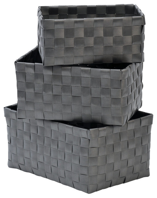 Set of 3 Woven Strap Storage Totes Pp Grey Contemporary Baskets
