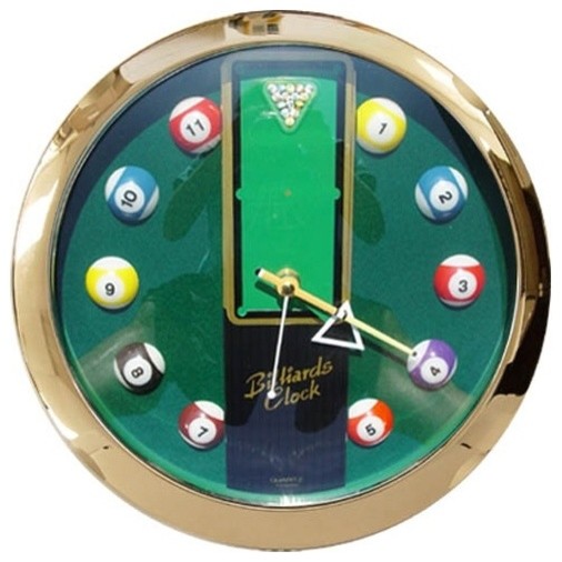 Pool Table Wall Clock in Brass Tone Frame wit Contemporary Wall