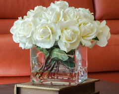 White Real Touch Roses Faux Arrangement & Centerpiece for Home Decor contemporary vases