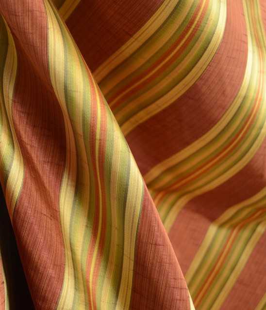 Candia Bouquet Faux Silk Striped Rust Green Drapery Fabric By The Yard