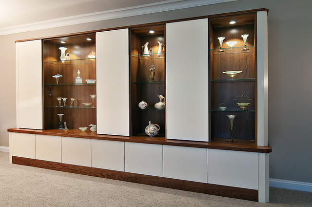 Conquest Bespoke Cabinets Wood and White, Glass Shelves