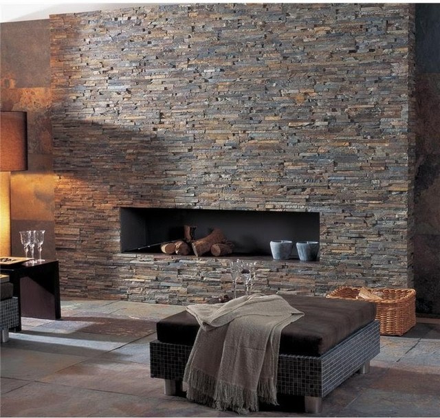 Ledger Panel Stacked Stone Wall and Fireplaces - mediterranean ...