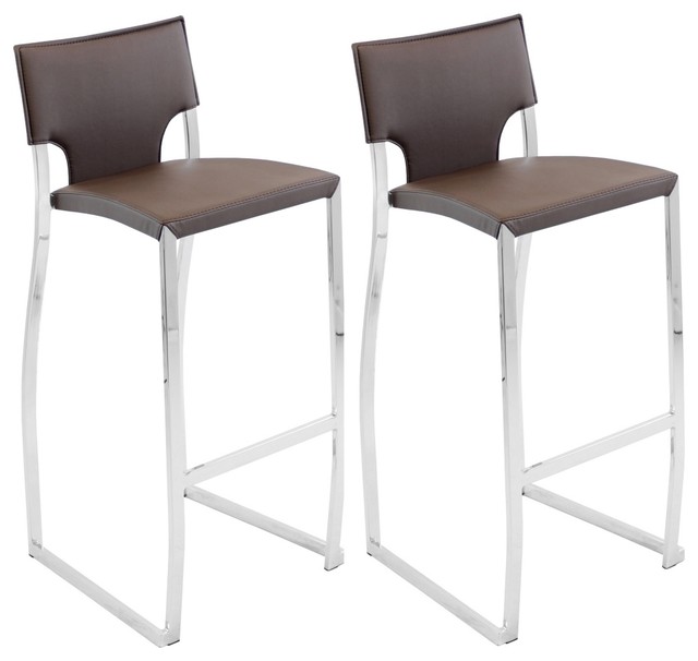 Contemporary Set of 2 Brown Leatherette Chrome Coppola Bar Stools