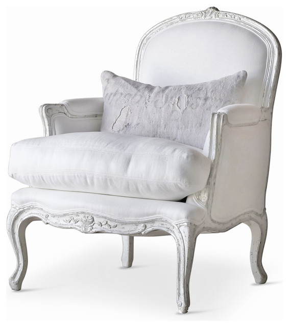 La Belle French Country Style Silver Two Tone White Linen Arm Chair Transitional Armchairs