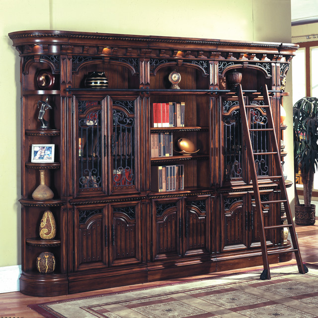 Bookcase Wall w/ Ladder in Antique Walnut - Traditional - Bookcases 