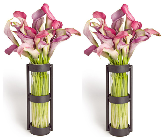 Cylinder Vases in Rings Metal Stands, Set of 2 Contemporary Vases