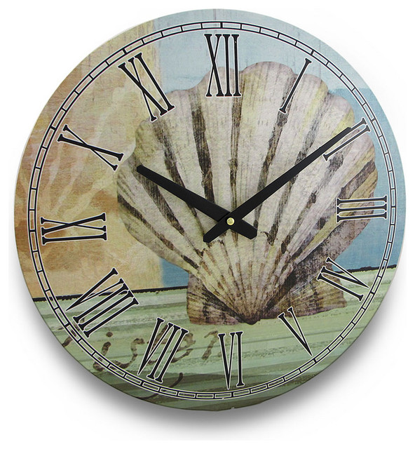 Tropical Seashell Round Nautical Wall Clock 15 in. Contemporary