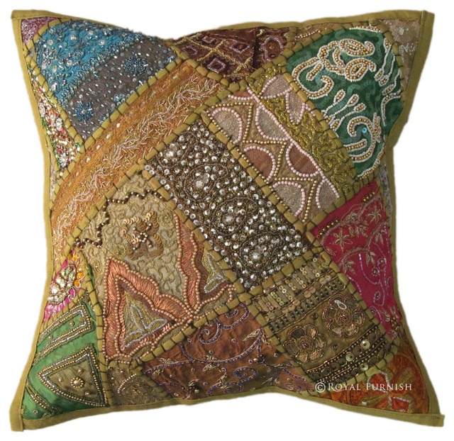 Green Unique Beaded Patchwork Embroidered Accent Throw Pillow Cover Sham - Decorative Pillows ...