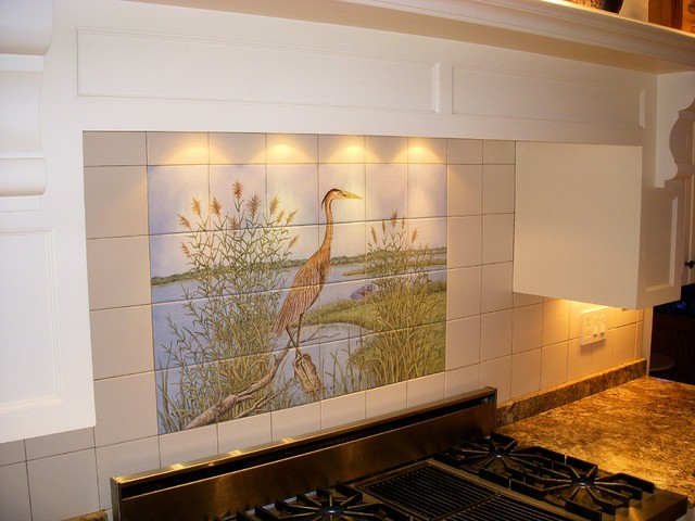 "Great Blue Heron" kitchen backsplash tile mural ...