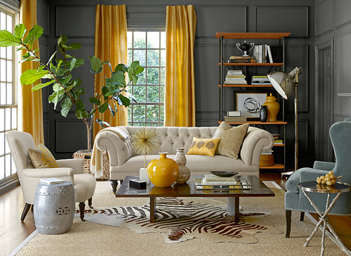 grey and yellow living room