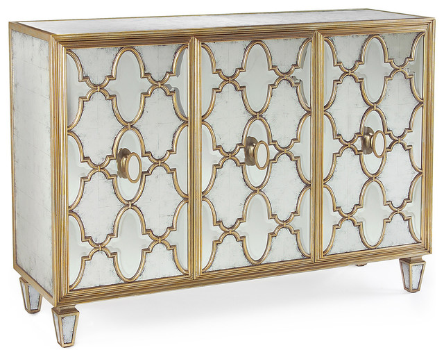Babette Hollywood Regency Silver Leaf Mirrored Gold Lattice Sideboard Transitional Buffets
