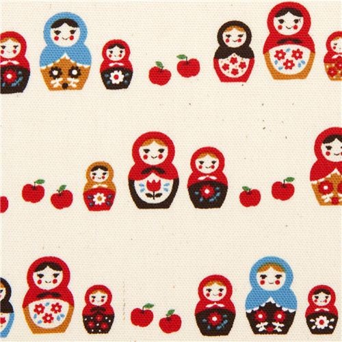 beige Kokka oxford fabric with matryoshka doll & apple -fabric